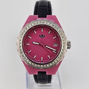 Adidas Women's Watch 35MM Pink Dial‎ Date NEW Black Leather Bands New Battery